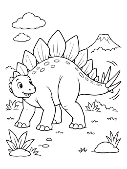 A friendly stegosaurus coloring page showing the dinosaur wagging its spiked tail near a volcano.