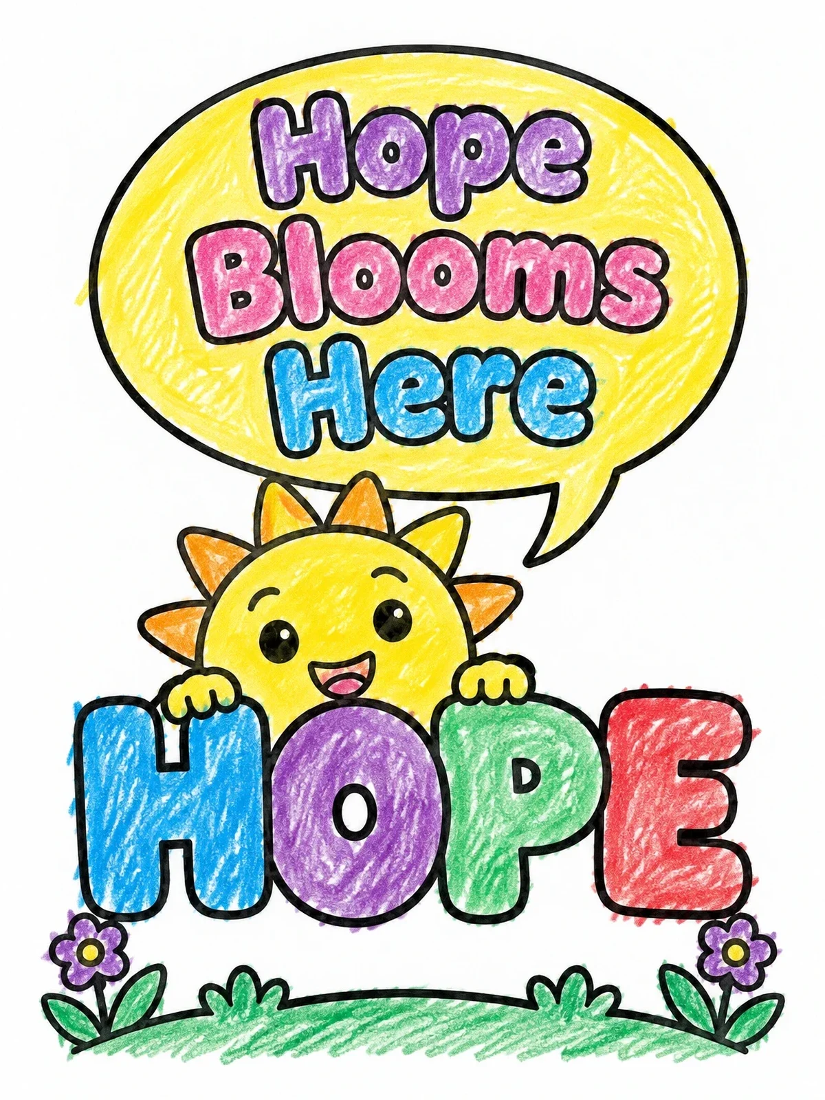 Colored example of the Cheerful Sun With Hope Letters coloring page