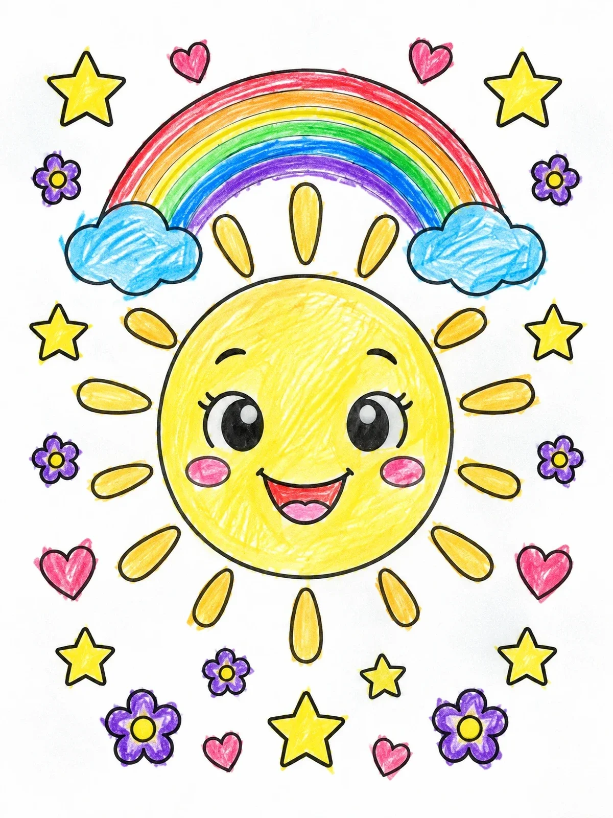 Colored example of the Cheerful Sun With Rainbow And Stars coloring page