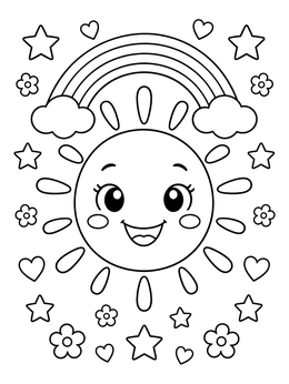 A cheerful smiley faces coloring page featuring a radiant sun, a rainbow, stars, and flowers.