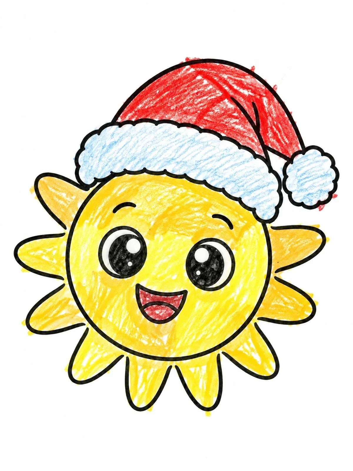 Colored example of the Cheerful Sun Wearing Santa Hat coloring page