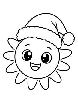 A cheerful cartoon sun coloring page wearing a fluffy Santa hat.