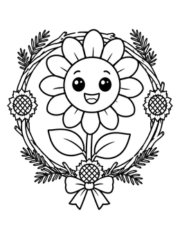 A cheerful cartoon sunflower coloring page framed inside a rustic winter wreath.