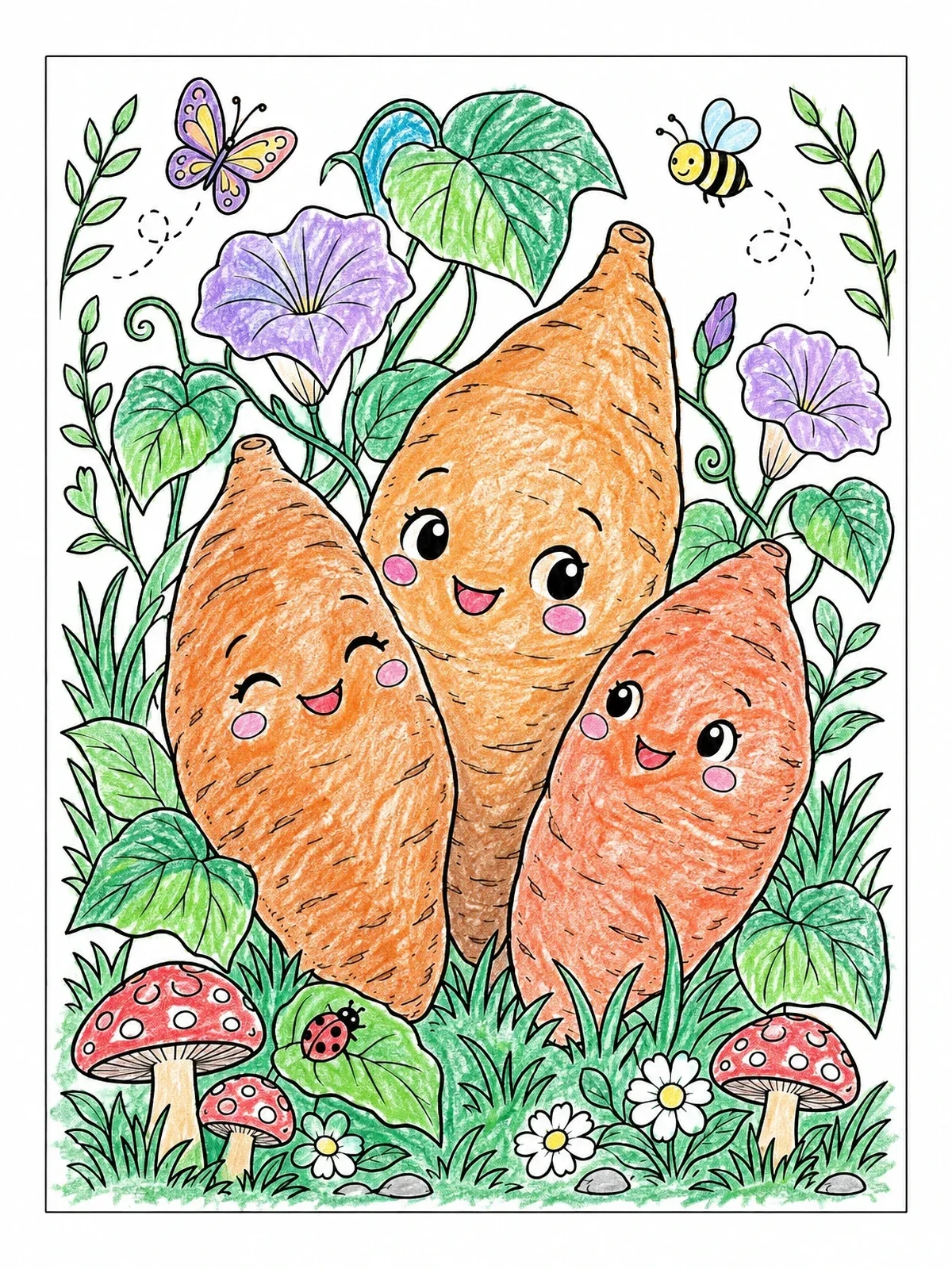 Colored example of the Cheerful Sweet Potatoes In Garden coloring page