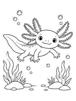 A cheerful cartoon creature swims in this fun axolotl coloring page with underwater plants.