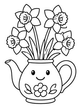A daffodil flower coloring page featuring four blooms in a smiling teapot vase.