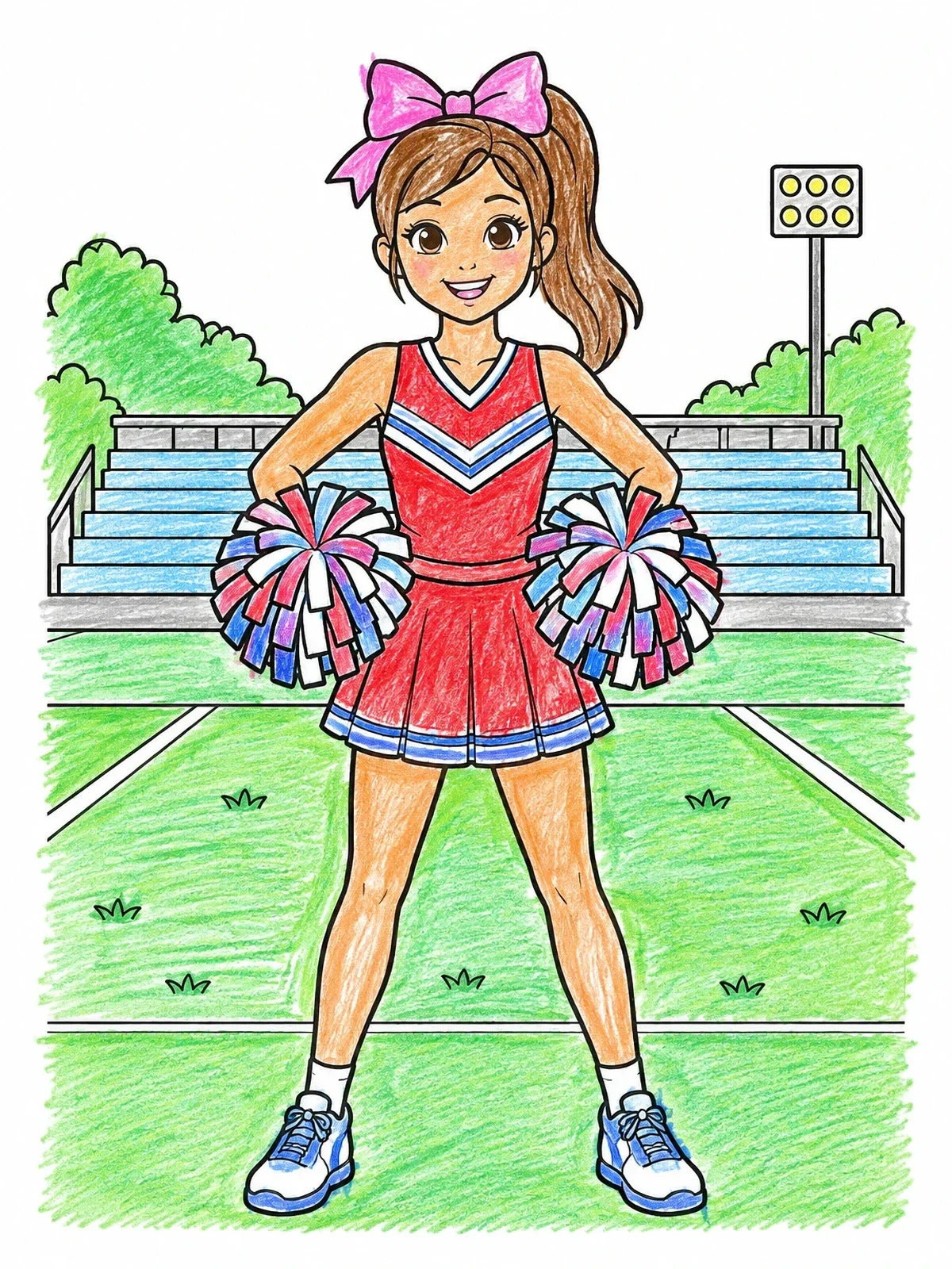 Colored example of the Cheerful Teen Cheerleader On Stadium Field coloring page