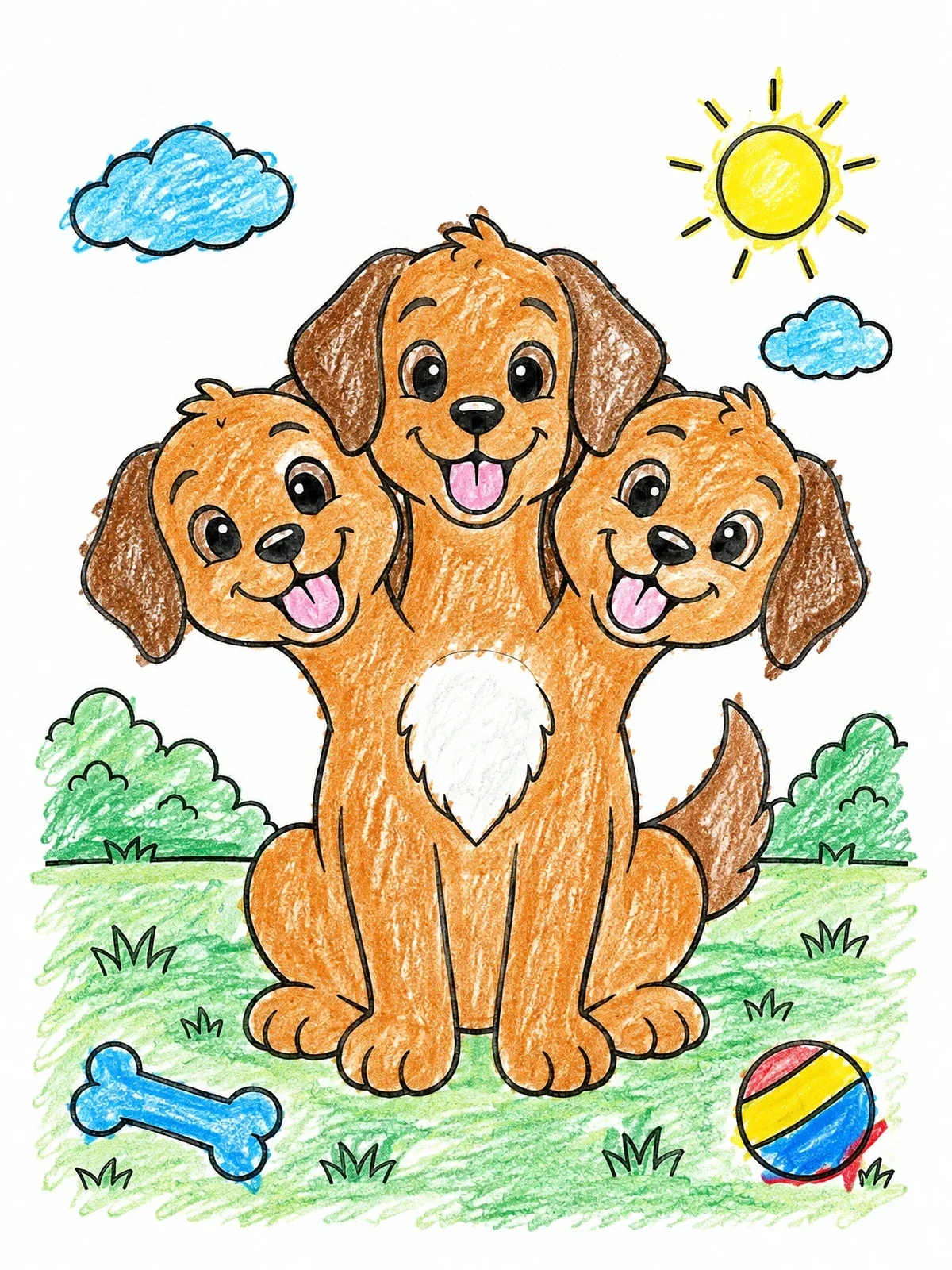 Colored example of the Cheerful Three Headed Puppy Outdoors coloring page