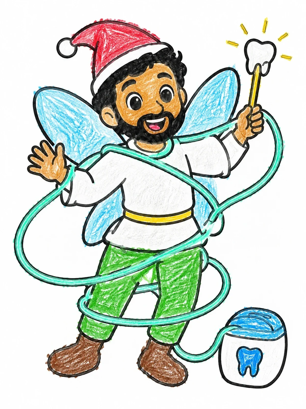 Colored example of the Cheerful Tooth Fairy Tangled In Floss coloring page