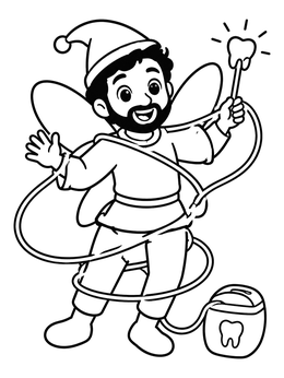 A friendly tooth fairy coloring page showing a winged character playfully tangled in dental floss.
