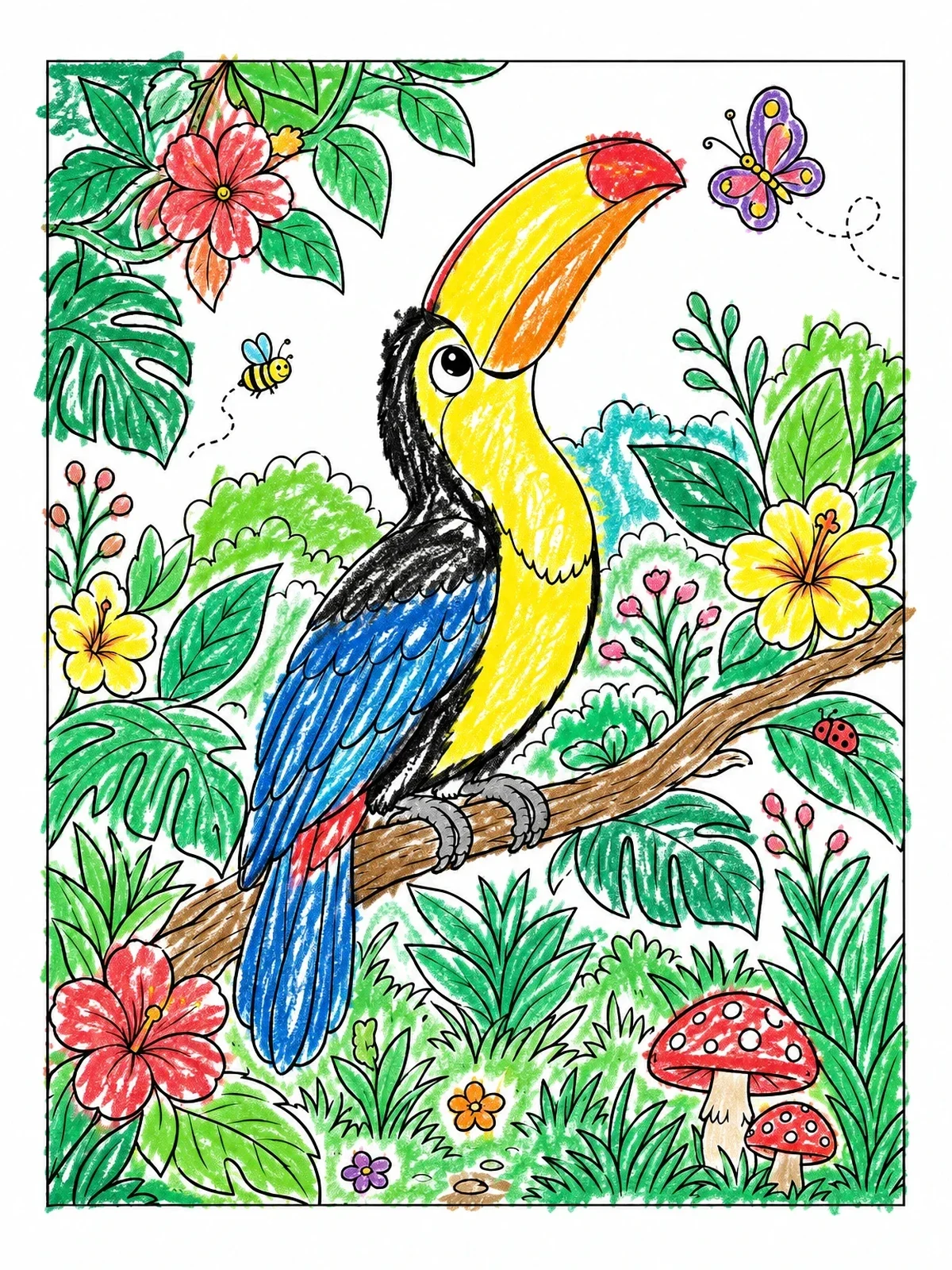 Colored example of the Cheerful Toucan In The Rainforest coloring page
