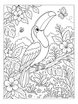Free printable Cheerful Toucan In The Rainforest coloring page