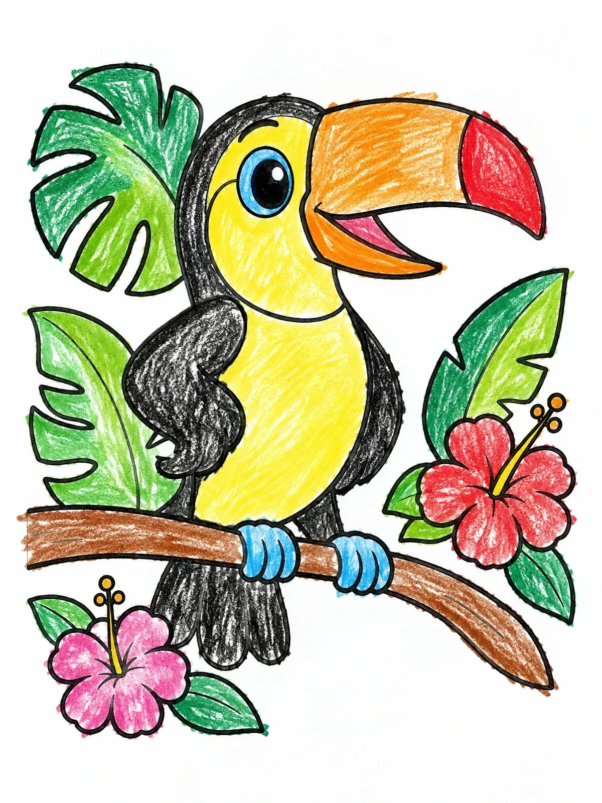 Colored example of the Cheerful Toucan On Tropical Branch coloring page