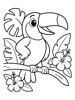 Free printable Cheerful Toucan On Tropical Branch coloring page