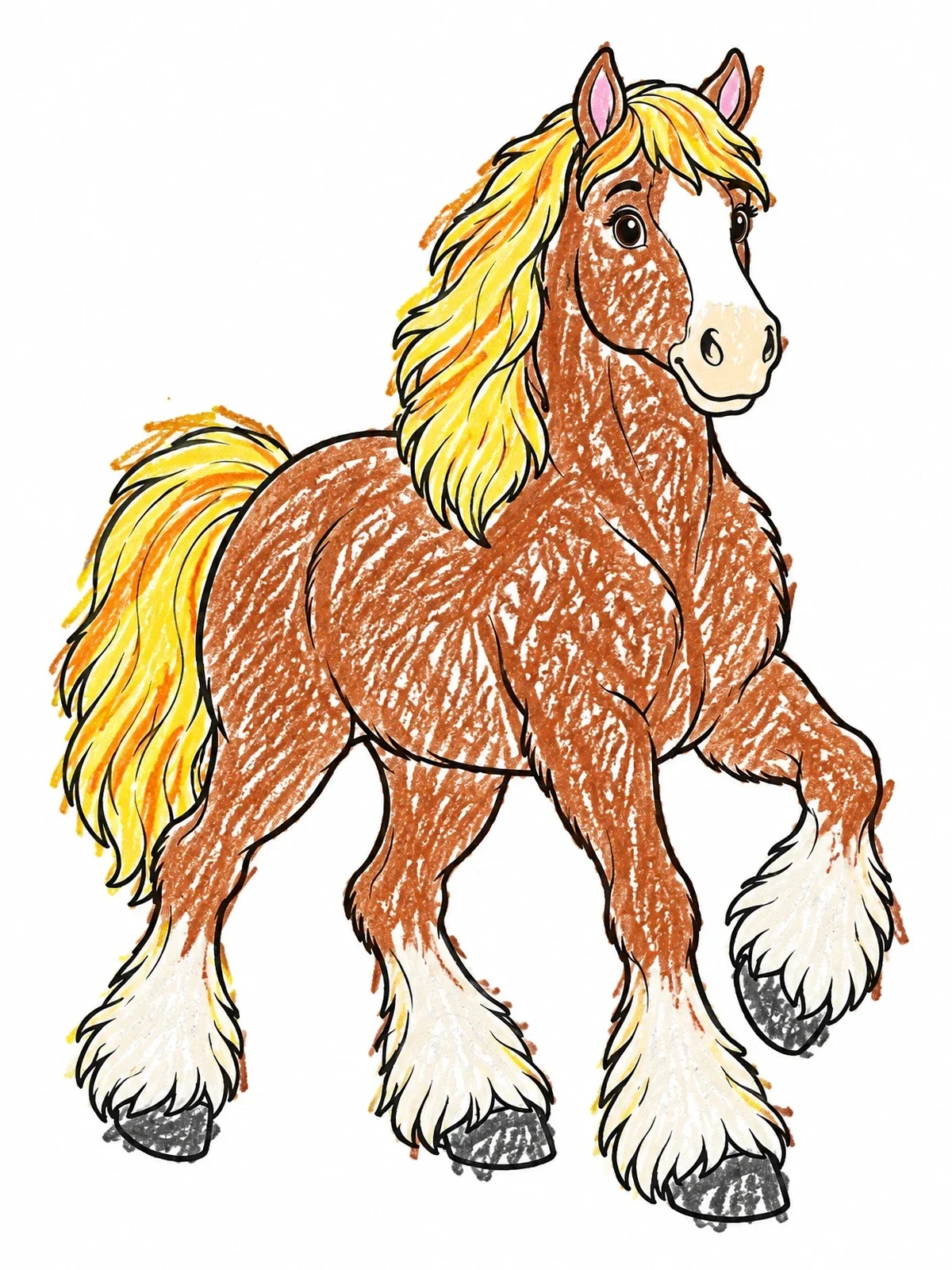 Colored example of the Cheerful Trotting Clydesdale Draft Horse coloring page