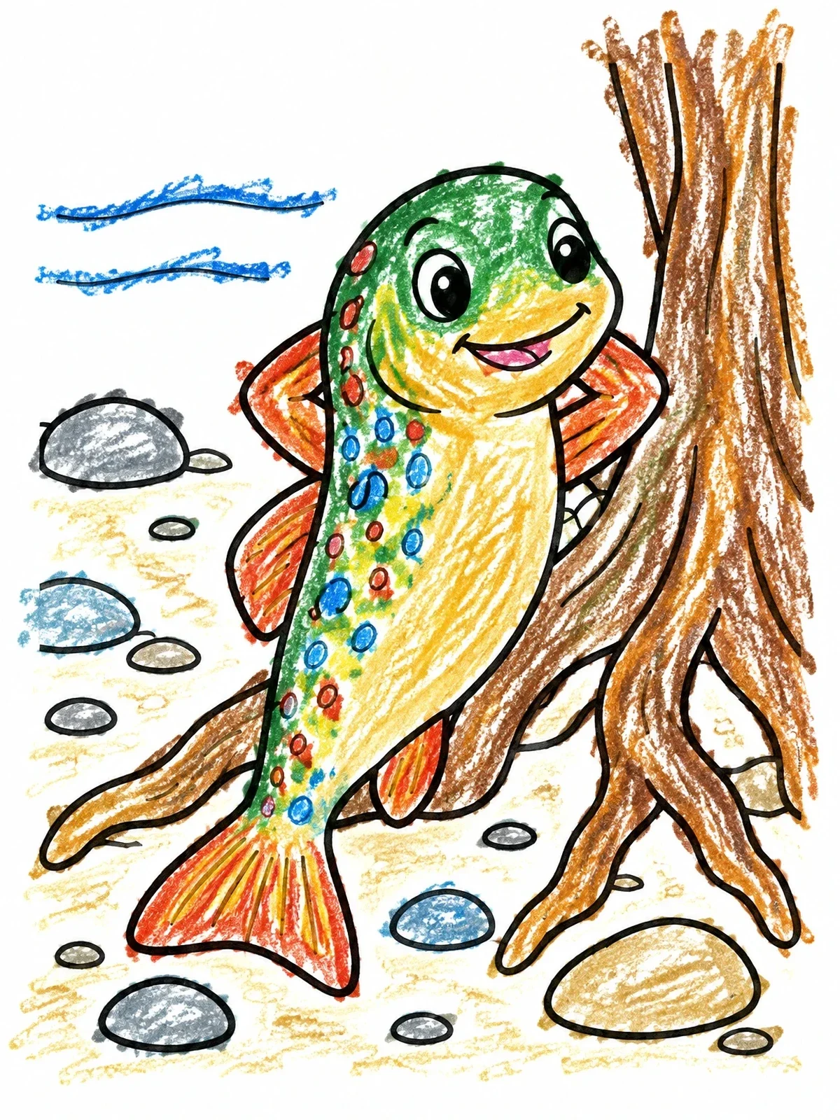 Colored example of the Cheerful Trout Leaning On Tree Roots coloring page