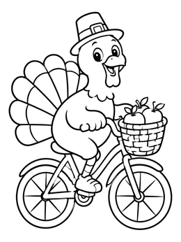 A happy bird pedals with apples in this turkey coloring page.