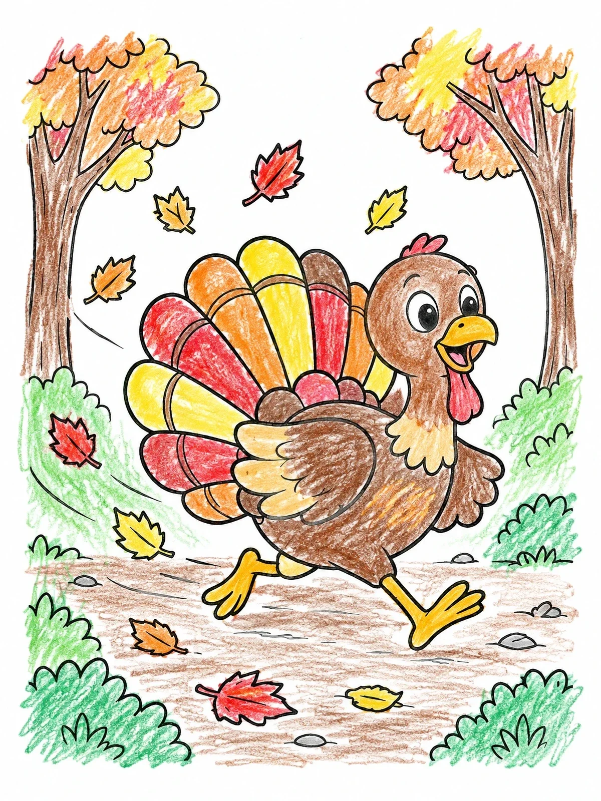 Colored example of the Cheerful Turkey Running Through Autumn Leaves coloring page