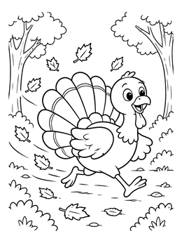 Free printable Cheerful Turkey Running Through Autumn Leaves coloring page