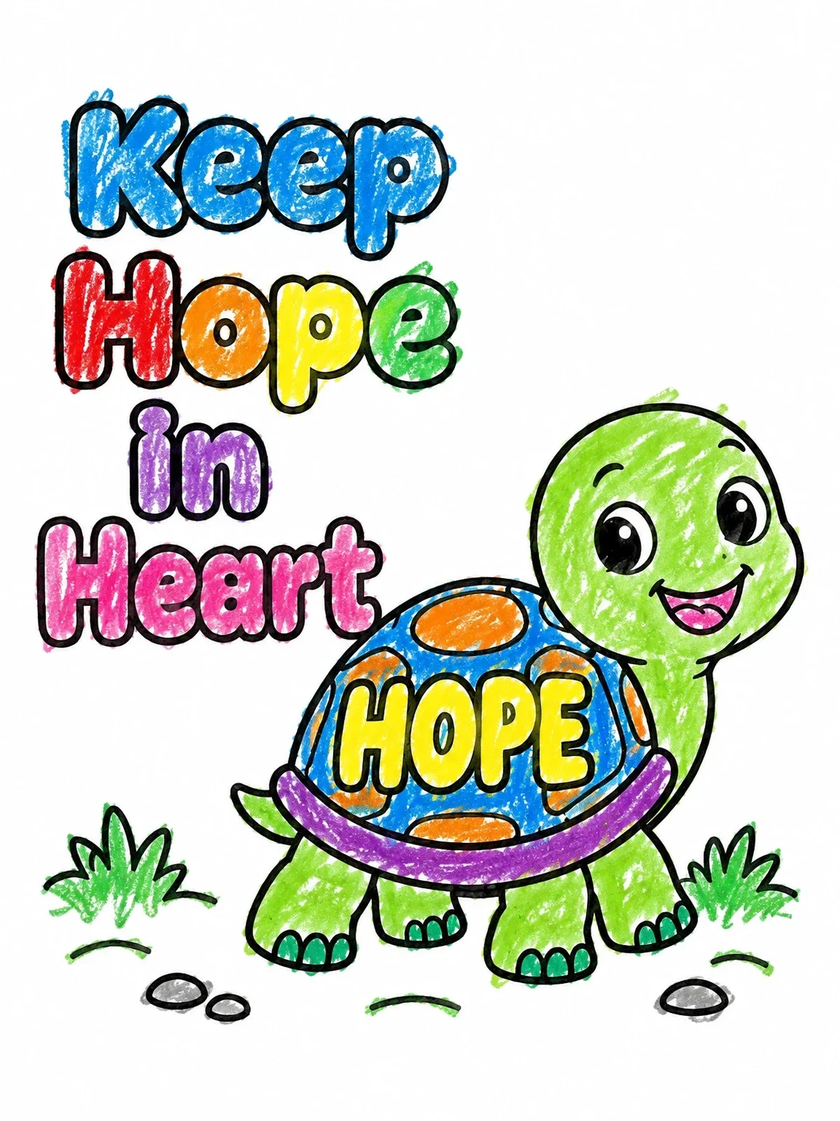 Colored example of the Cheerful Turtle With Hope Shell coloring page