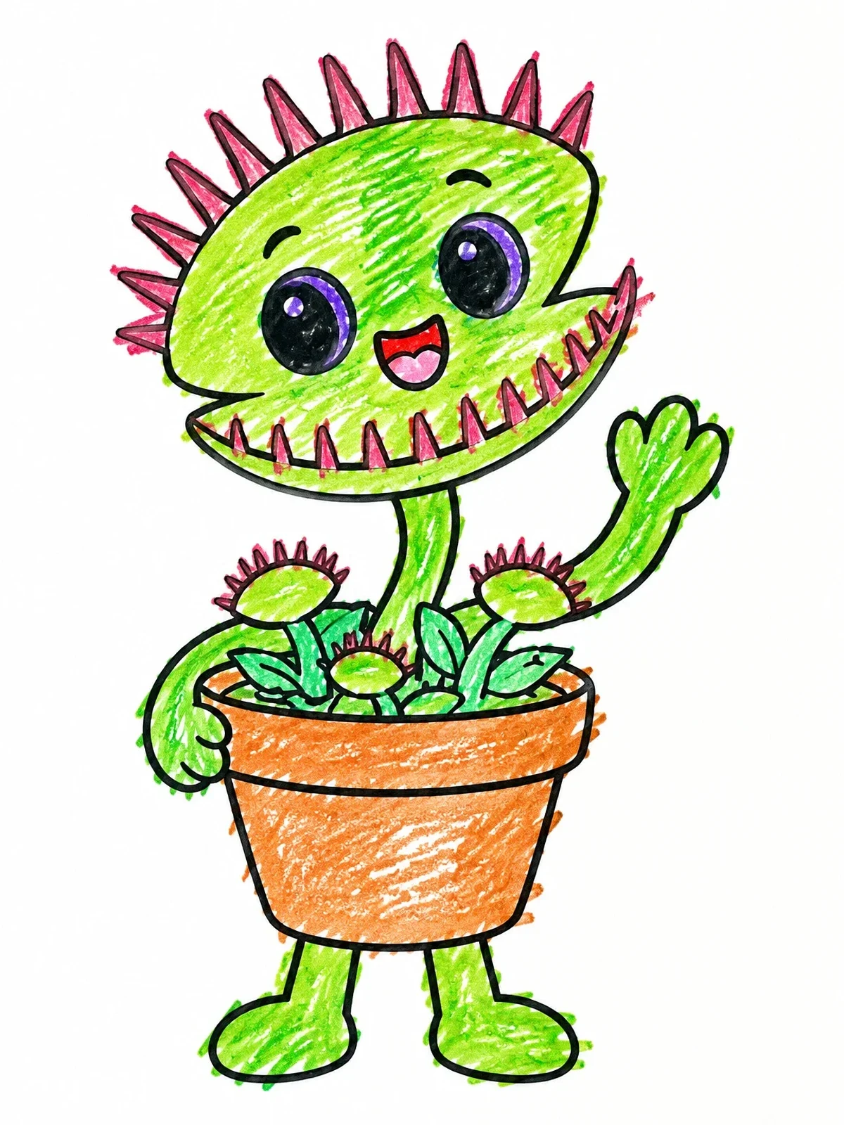 Colored example of the Cheerful Venus Flytrap In A Flowerpot coloring page