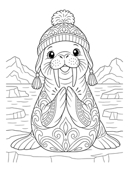 A cheerful baby walrus claps on an ice floe in this winter animals coloring page.