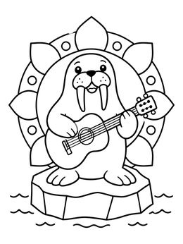 Free printable Cheerful Walrus Playing Guitar coloring page