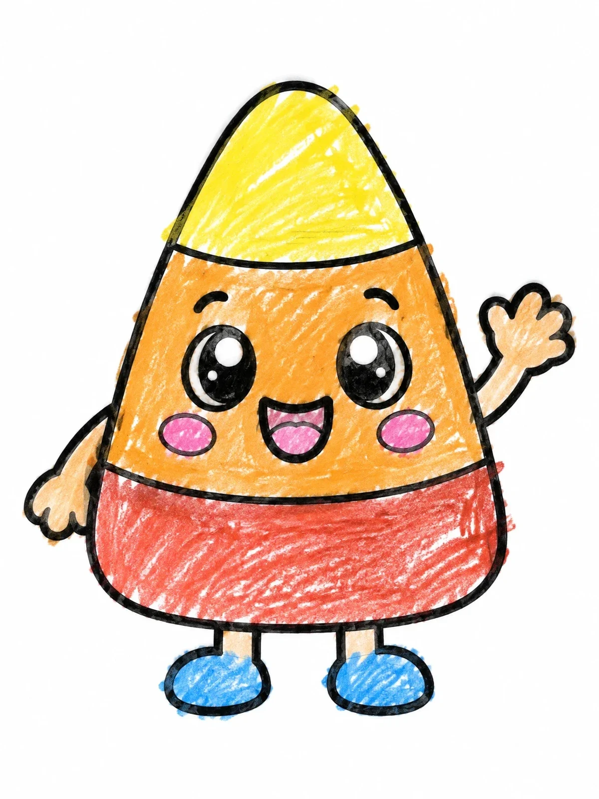 Colored example of the Cheerful Waving Candy Corn Character coloring page