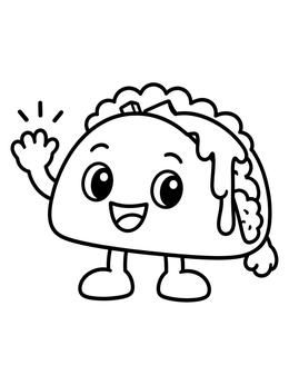 A cute cartoon taco waving hello on a fun taco coloring page.