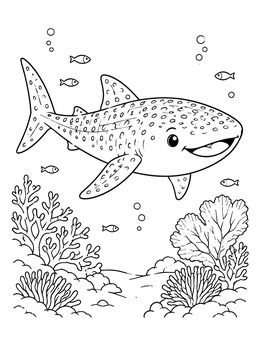 Free printable Cheerful Whale Shark Over Coral Reef coloring page