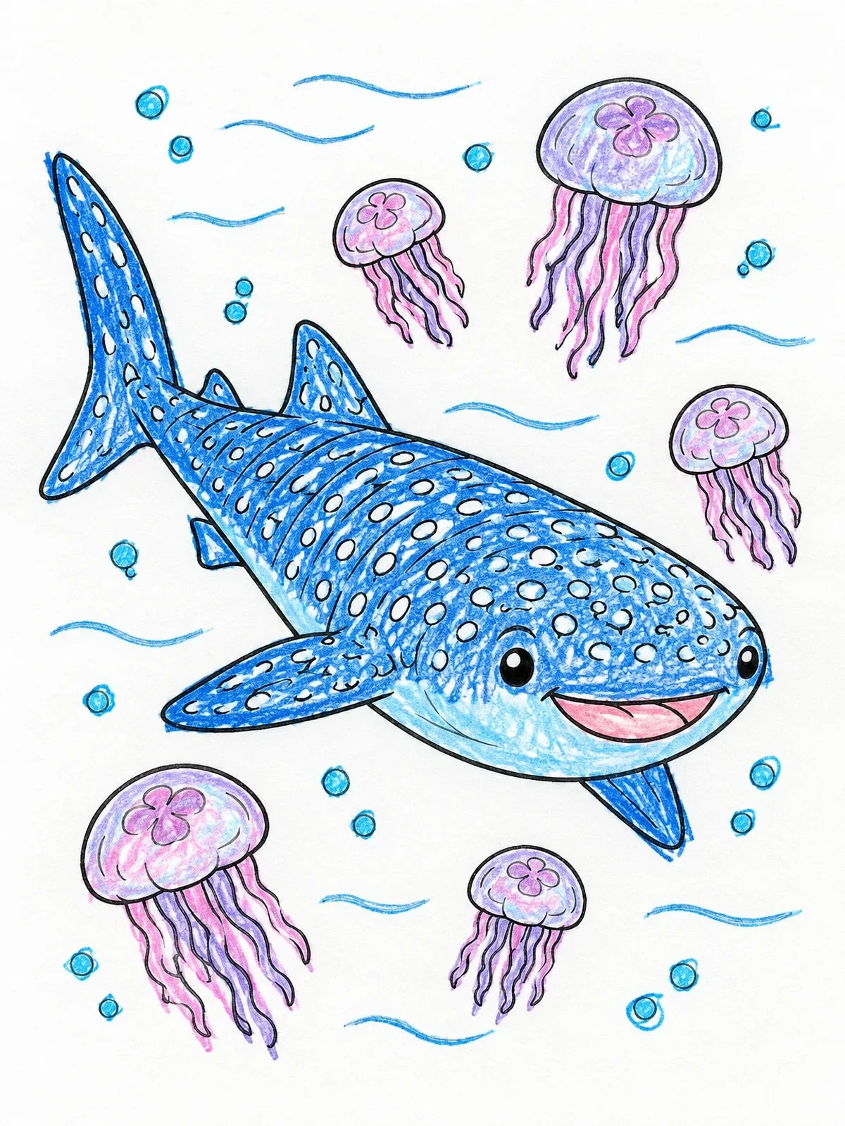 Colored example of the Cheerful Whale Shark With Moon Jellyfish coloring page