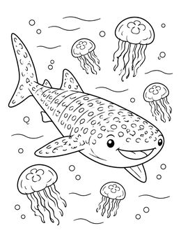 Free printable Cheerful Whale Shark With Moon Jellyfish coloring page