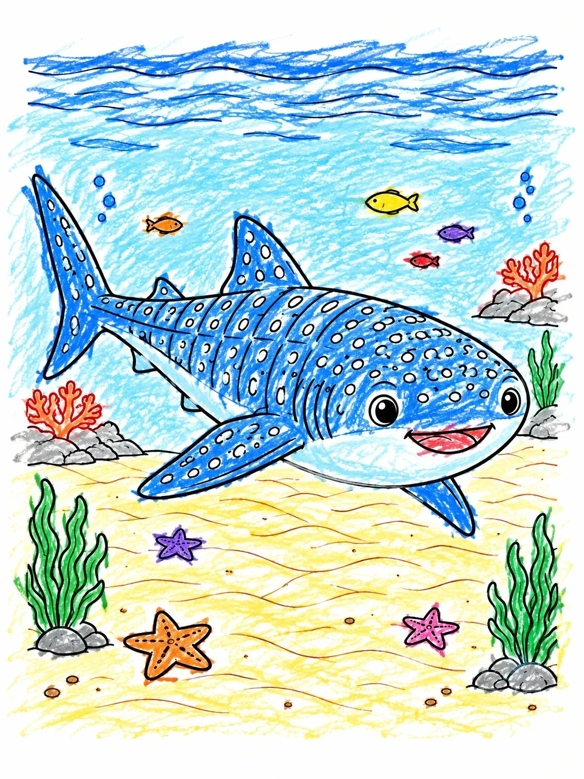 Colored example of the Cheerful Whale Shark Over Sandy Lagoon coloring page