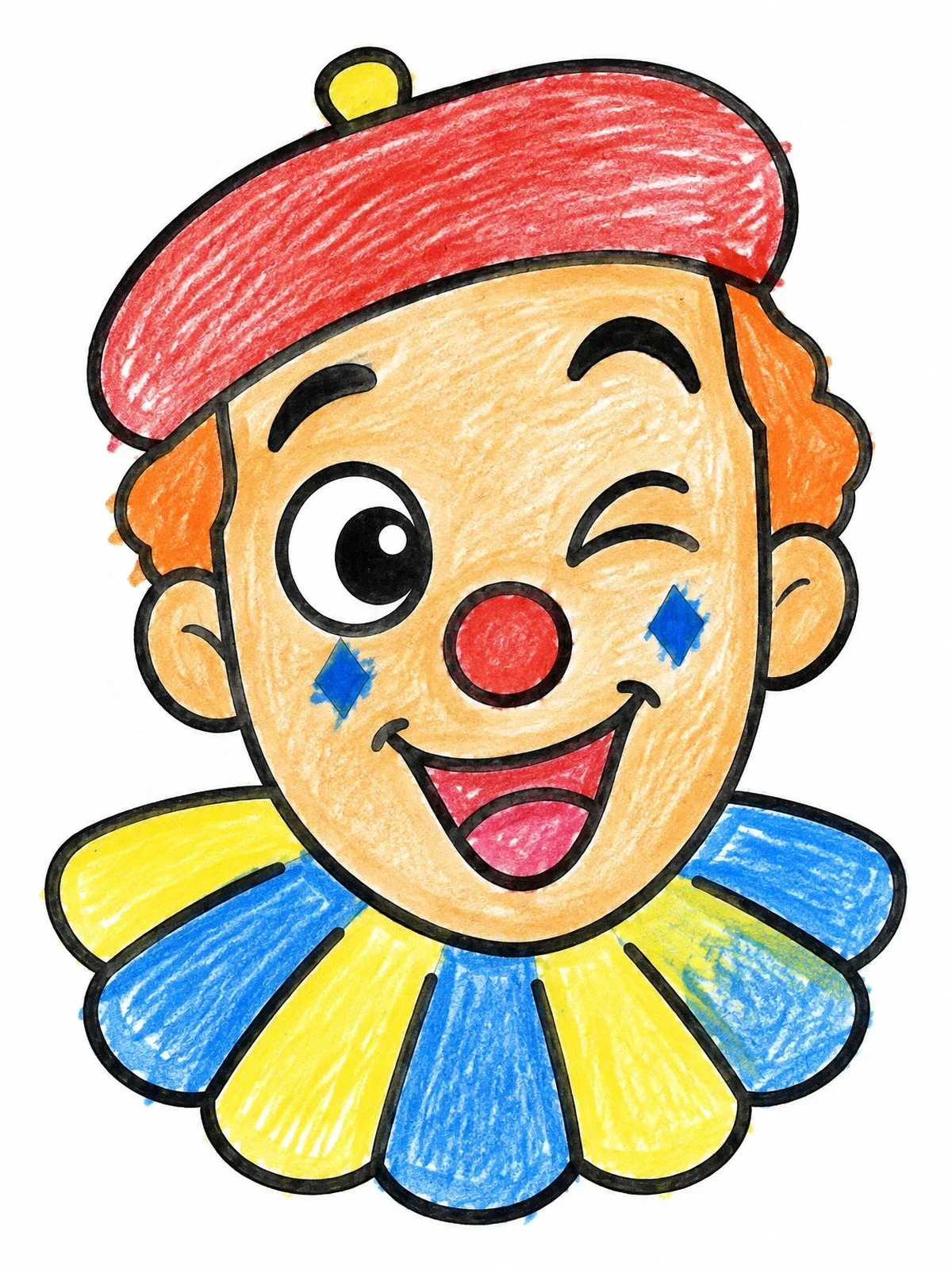 Colored example of the Cheerful Winking Circus Clown Face coloring page