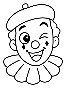 A cheerful winking clown coloring page with a beret and ruffled collar.