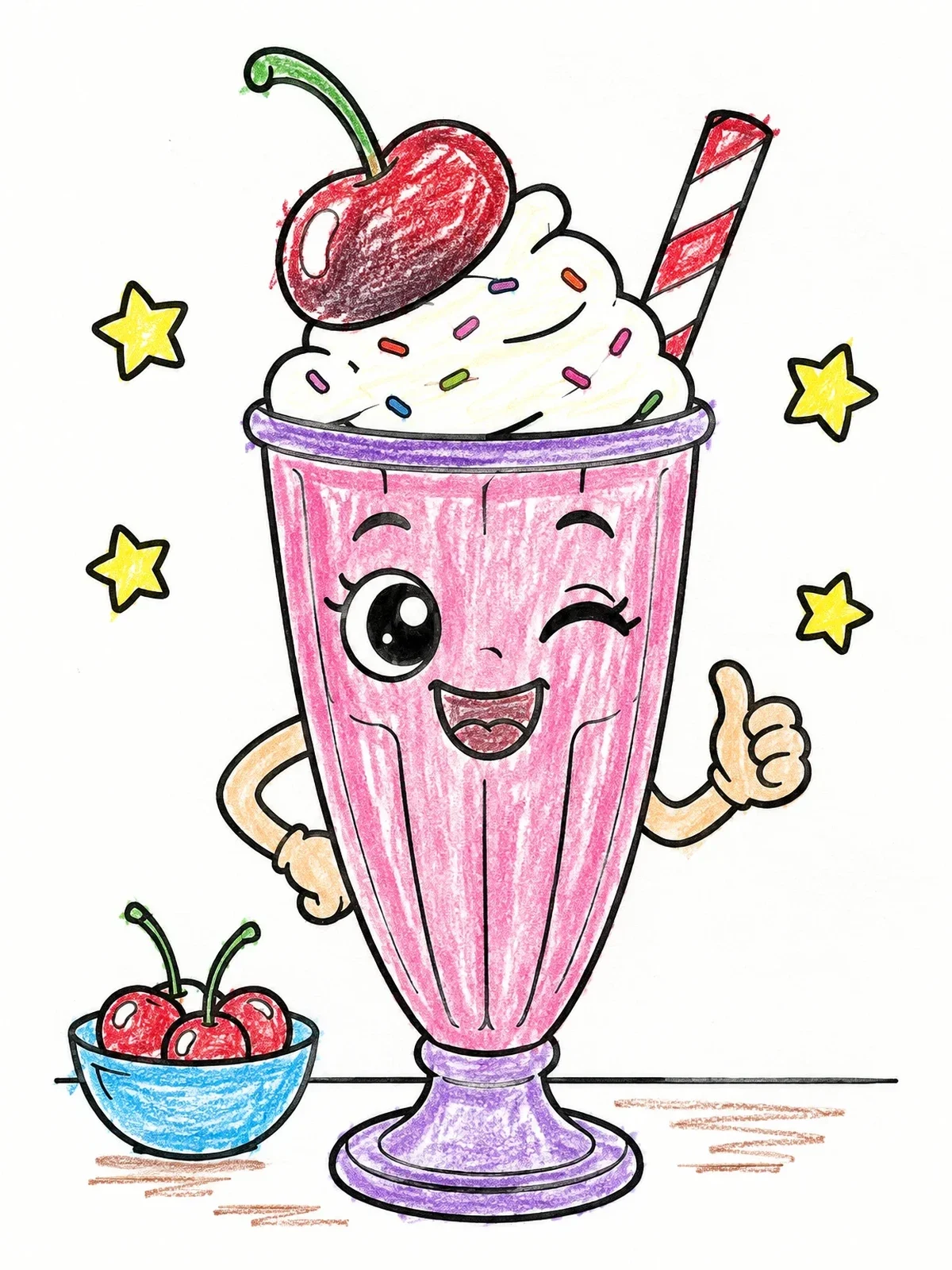 Colored example of the Cheerful Winking Milkshake With Cherry coloring page