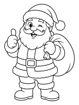 A cheerful santa coloring page showing Santa Claus winking and giving a thumbs up with his toy sack.