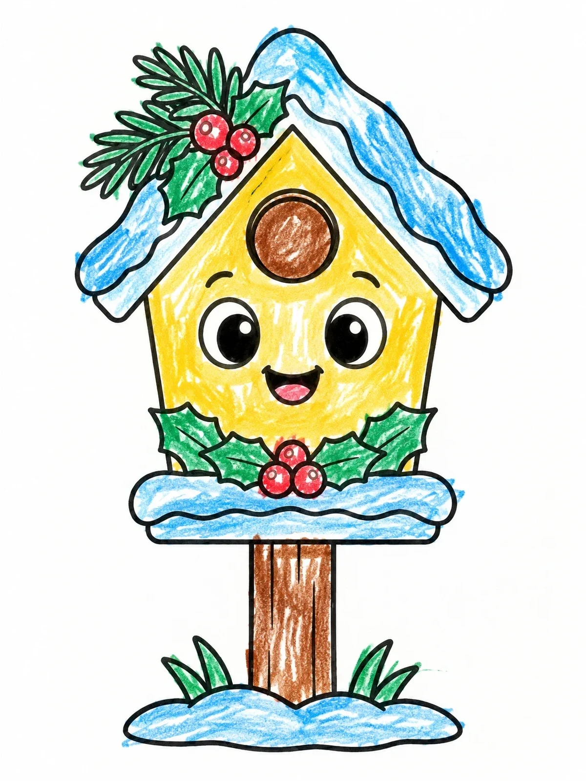 Colored example of the Cheerful Winter Birdhouse With Holly coloring page