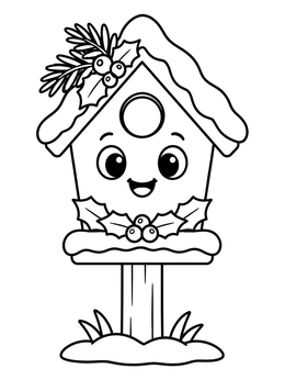 Free printable Cheerful Winter Birdhouse With Holly coloring page
