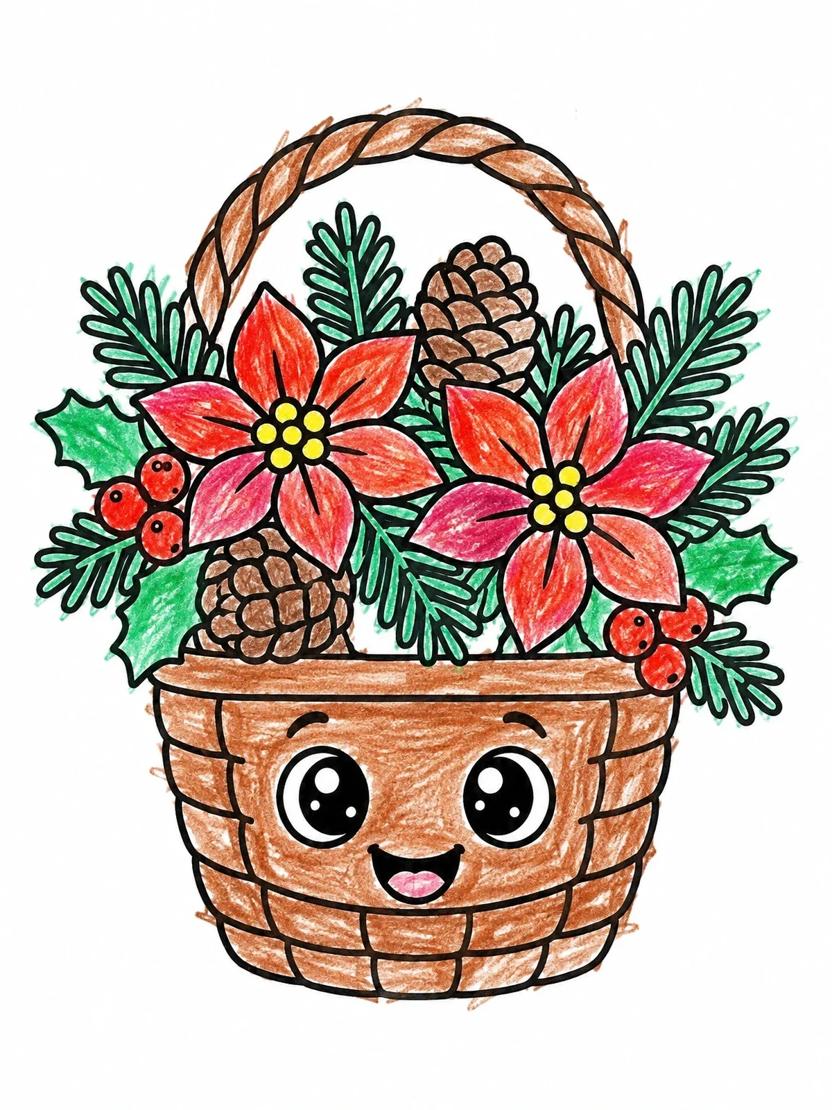 Colored example of the Cheerful Winter Flower Basket coloring page