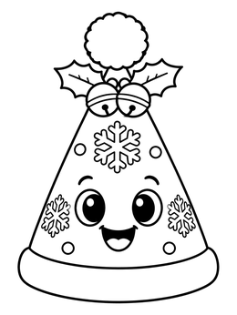 A cheerful winter party hat coloring page decorated with snowflakes and bells.