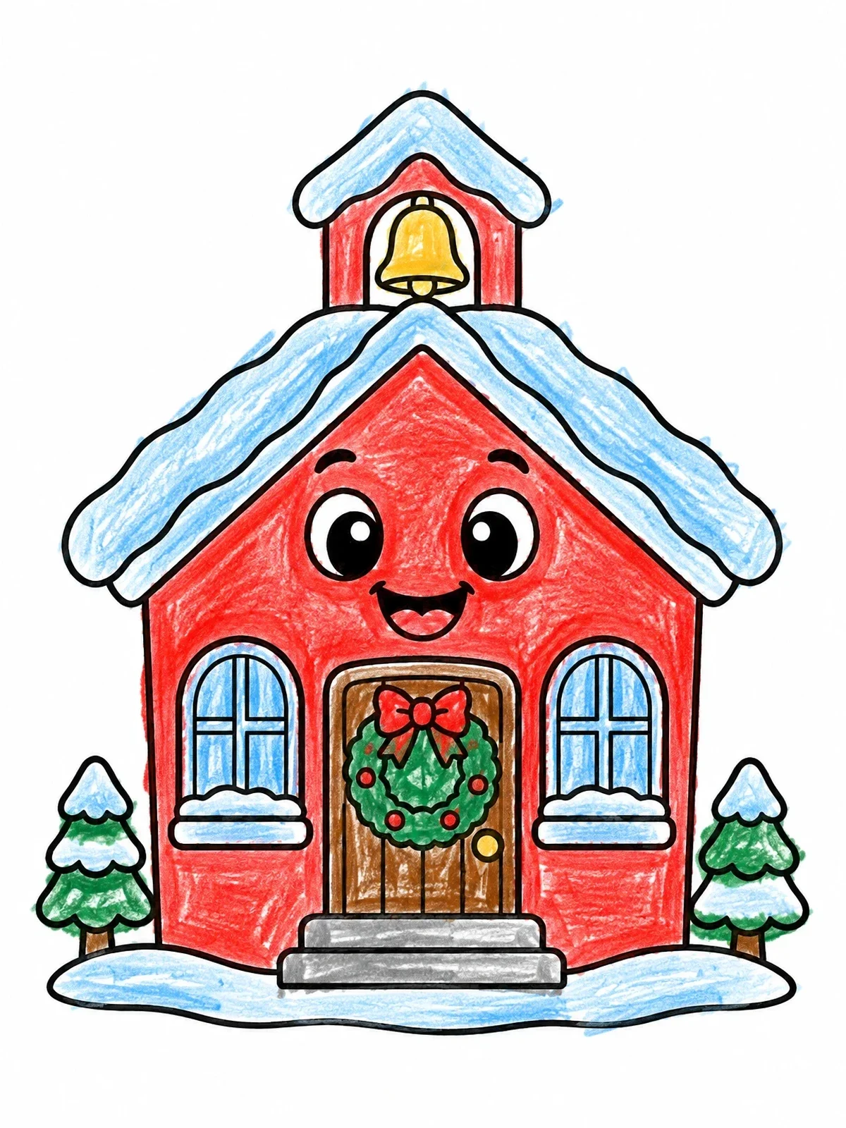 Colored example of the Cheerful Winter Schoolhouse With Wreath coloring page