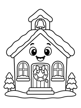 Free printable Cheerful Winter Schoolhouse With Wreath coloring page