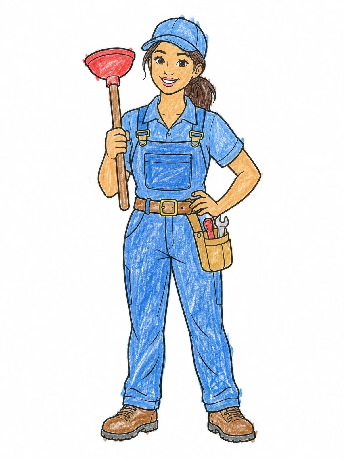 Colored example of the Cheerful Plumber Woman With Plunger coloring page
