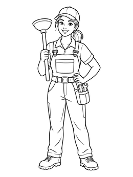Free printable Cheerful Plumber Woman With Plunger coloring page
