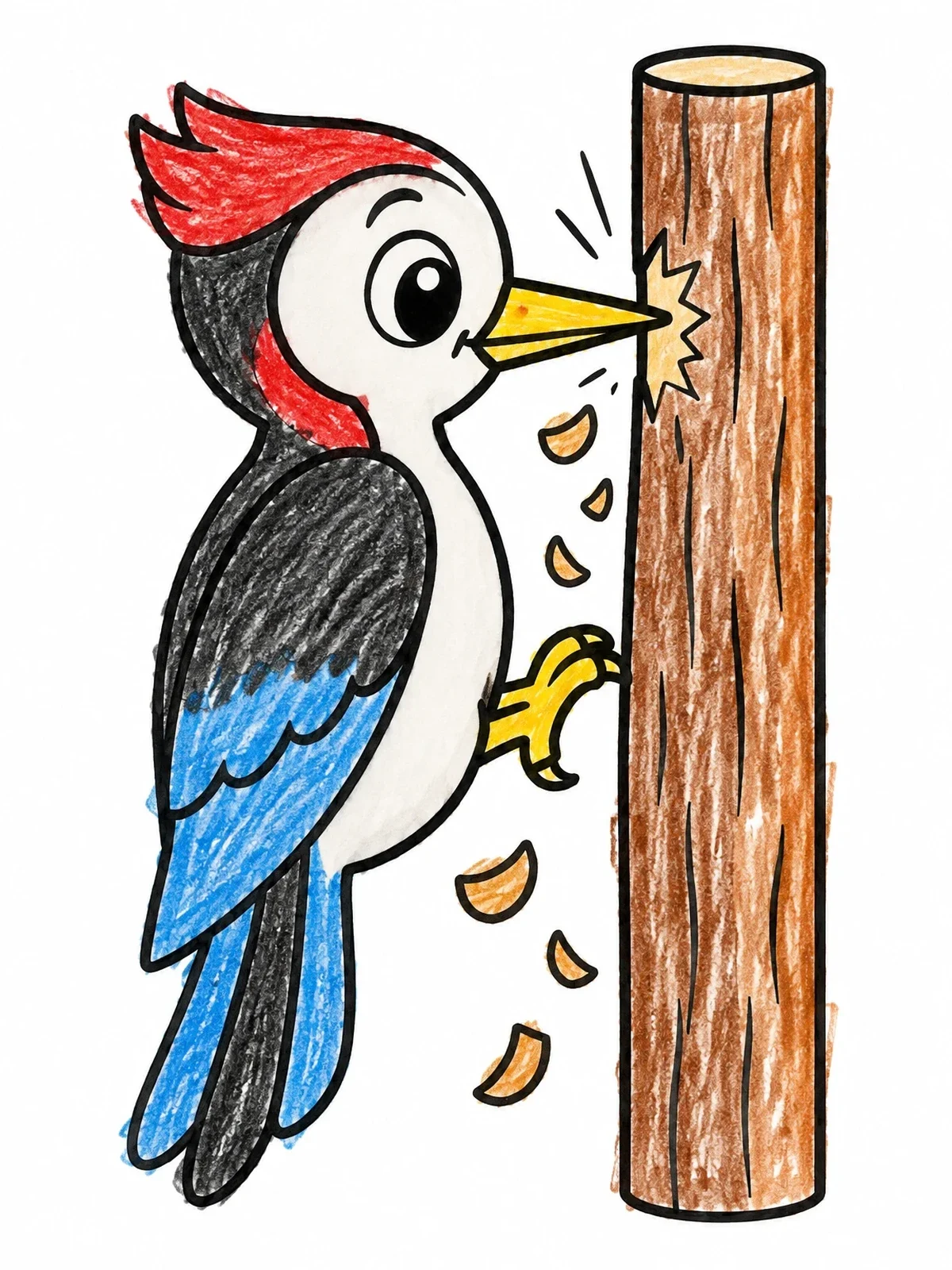 Colored example of the Cheerful Woodpecker Pecking A Tree coloring page