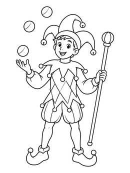 A smiling boy performs tricks in this jester coloring page with juggling balls and a staff.