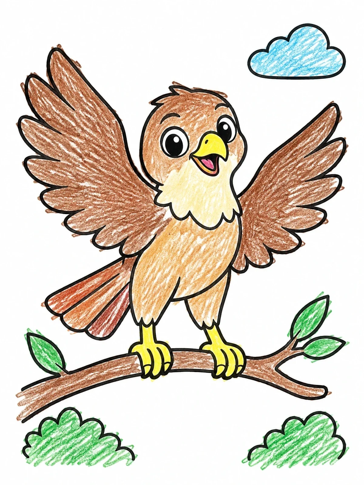 Colored example of the Cheerful Young Hawk On A Branch coloring page