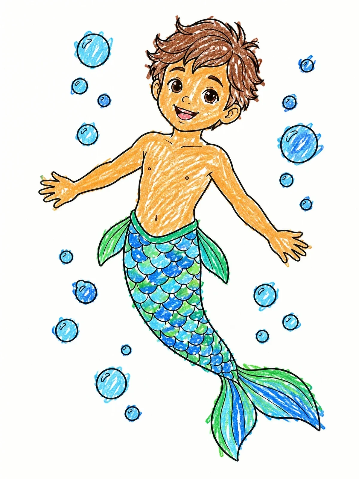 Colored example of the Cheerful Young Merman Swimming With Bubbles coloring page
