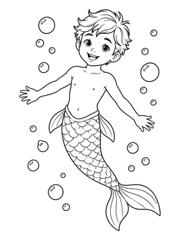 A cheerful young boy floating underwater on this cute merman coloring page.